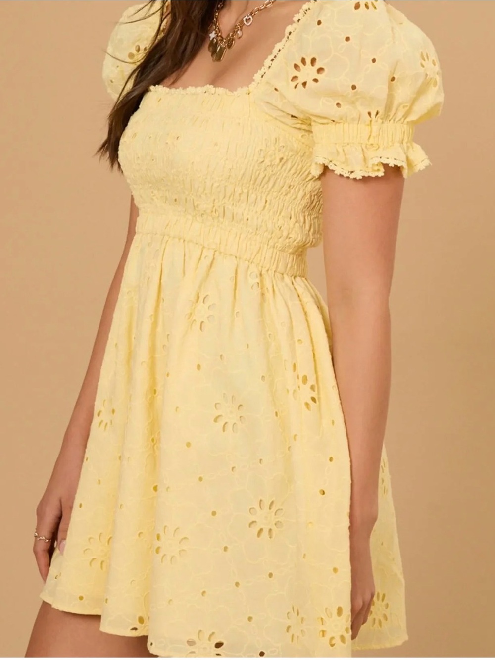 Altar'd State Yellow Eyelet Puff Sleeve Mini Dress